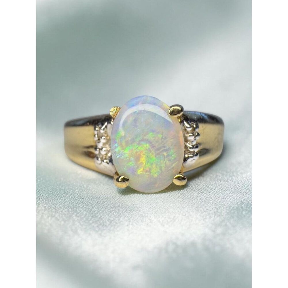 10K Gold Natural Rainbow Opal & Diamond Ring -Size 7- Australian White Opal Ring